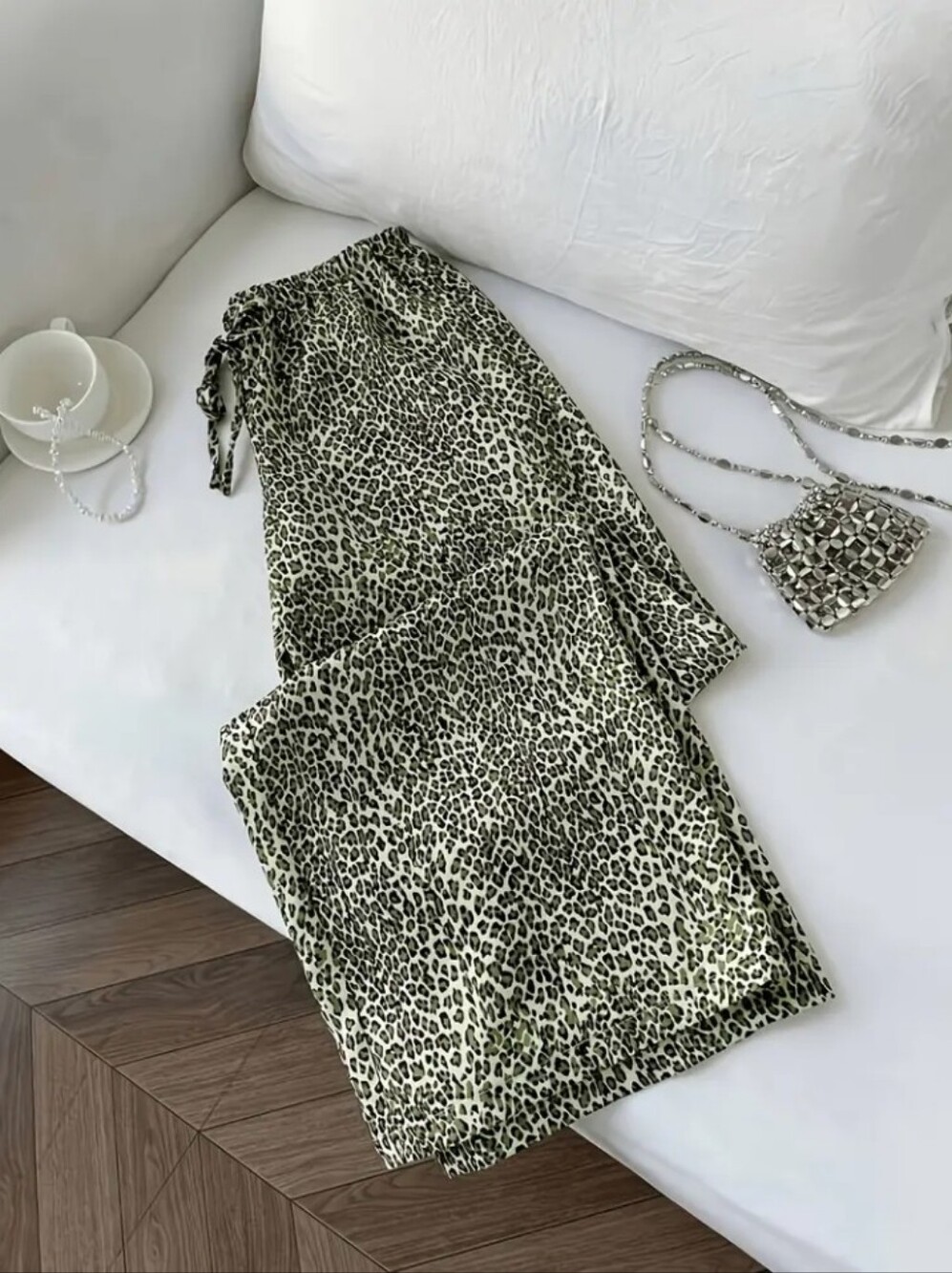 Drawstring High-Waist Leopard Print Casual Pants, Flattering Wide-Leg Trousers